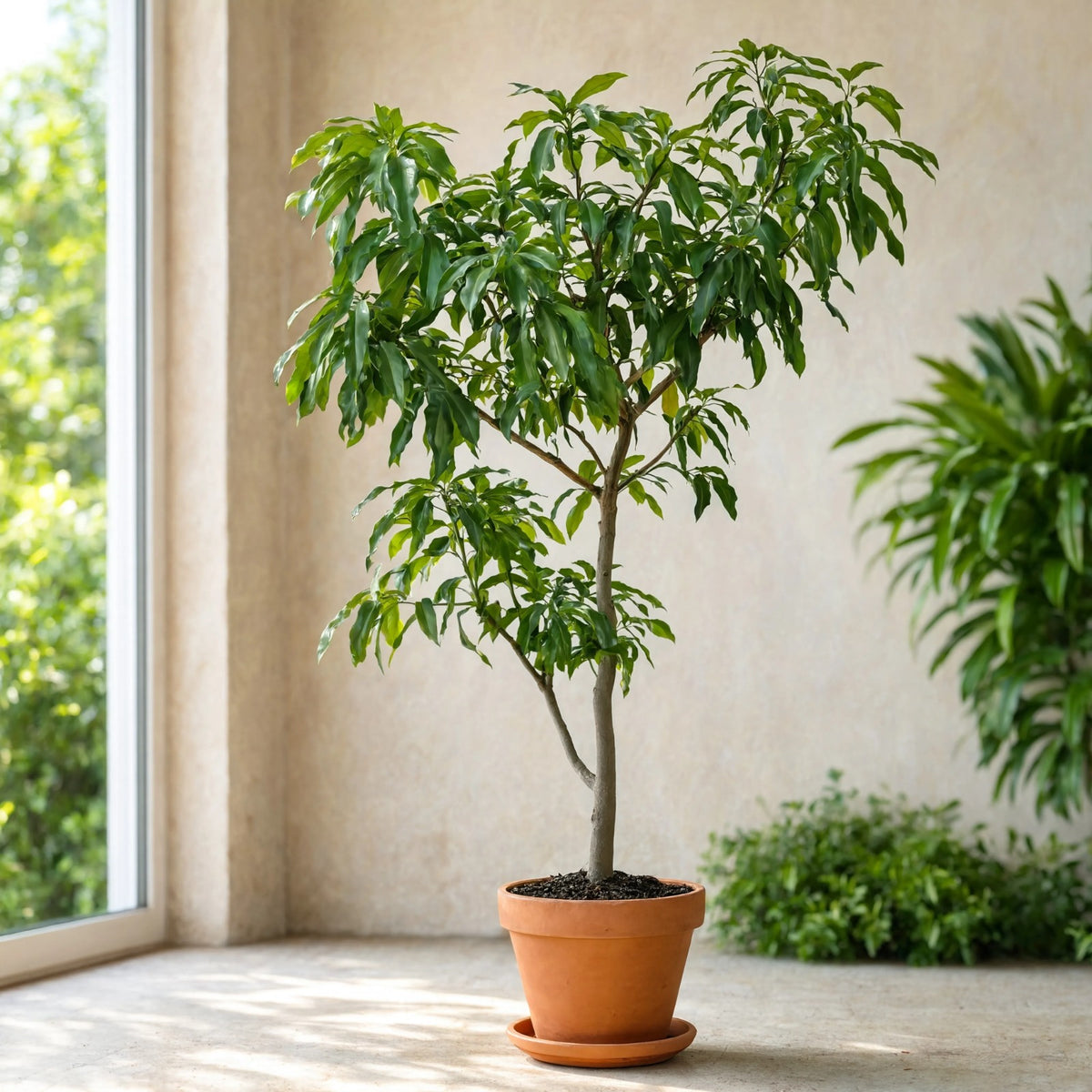 Potted grafted mango tree with lush green leaves indoors – Nura Flowers Dubai