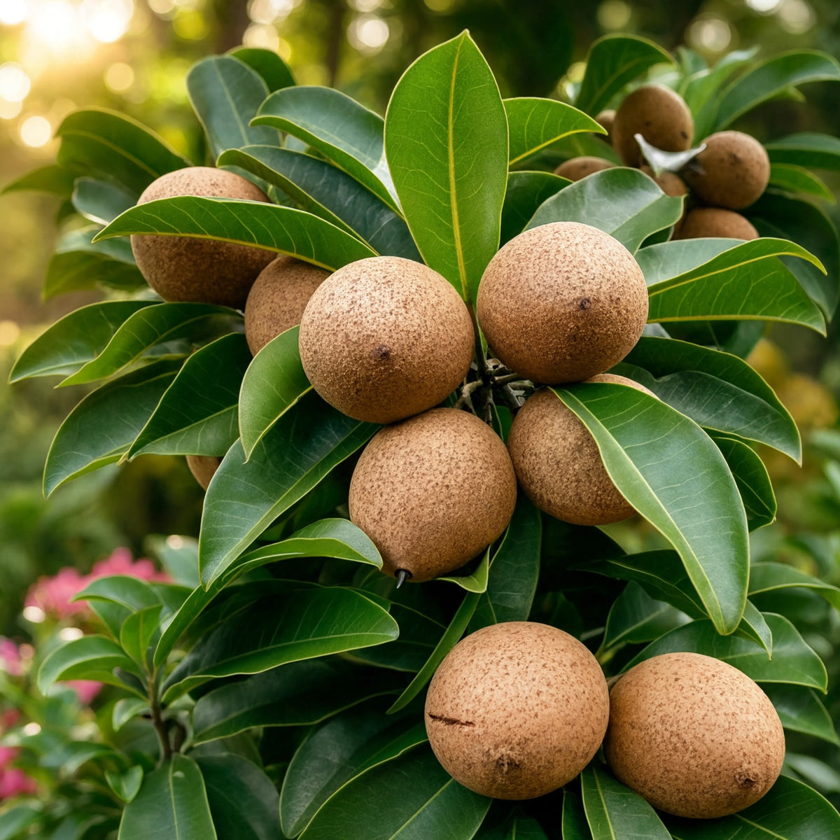 Ripe sapodilla chikoo fruit cluster on tree with green leaves – Nura Flowers