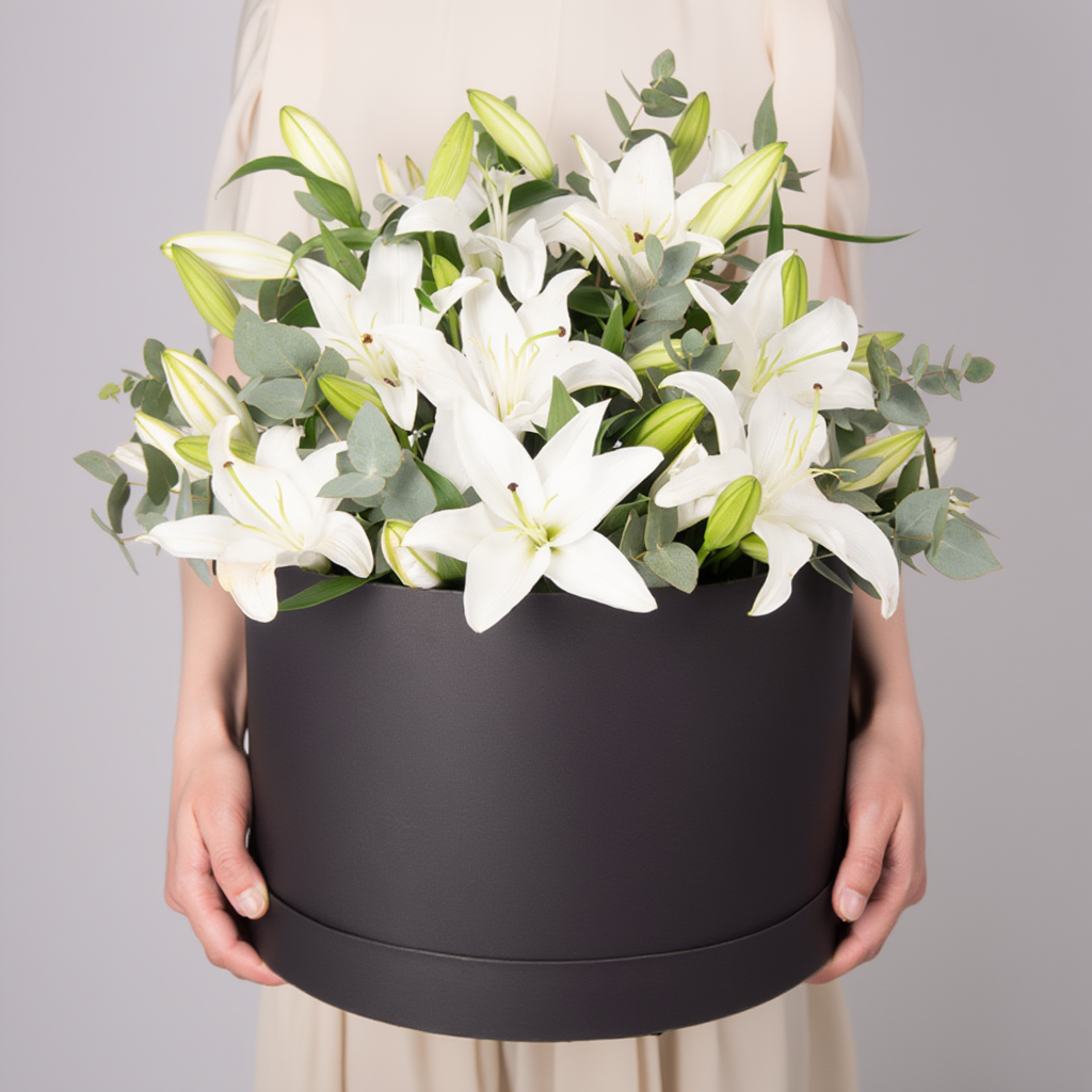 Luxury black round flower box with white lilies