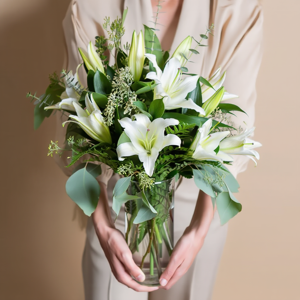 Person holding a bouquet of white lilies and greenery against a beige background