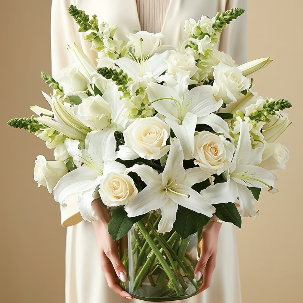 Bouquet of white flowers held by a person against a beige background