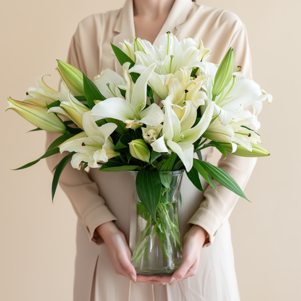 Person holding a bouquet of white lilies in a clear vase against a beige background