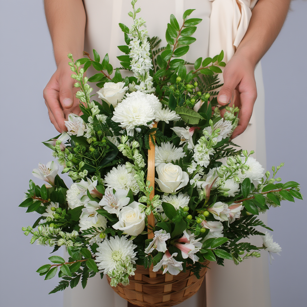 White pyramid flowers basket