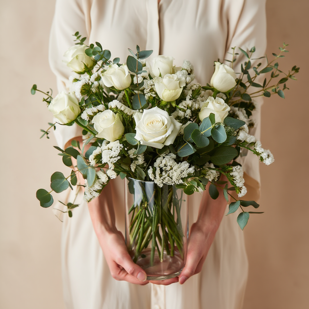 Person holding a bouquet of white roses and greenery in a clear vase against a beige background