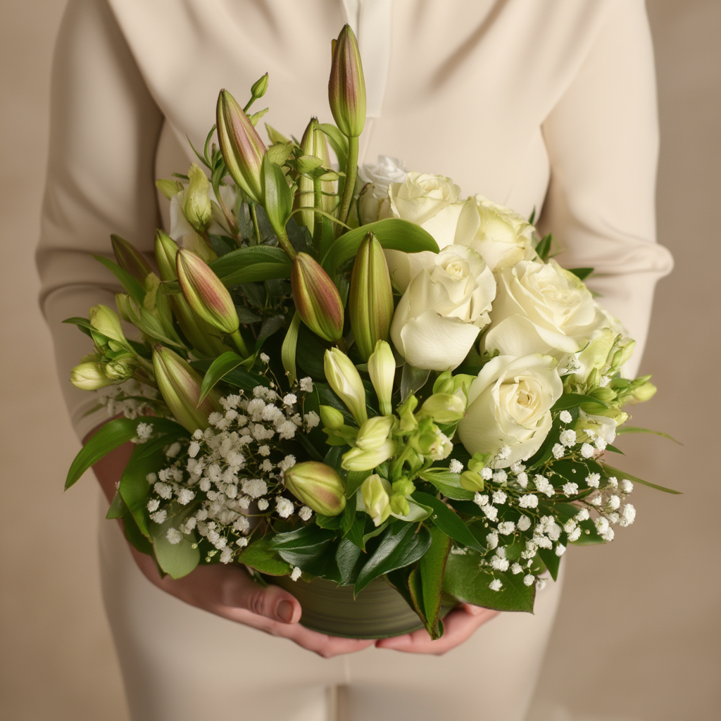Bouquet of white and green flowers held by a person in a neutral setting