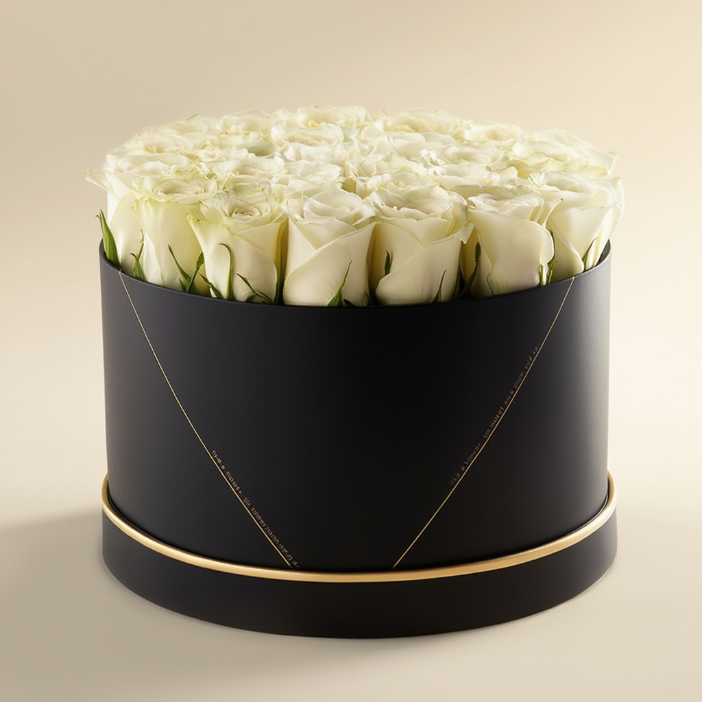Luxury blooming black box with white roses