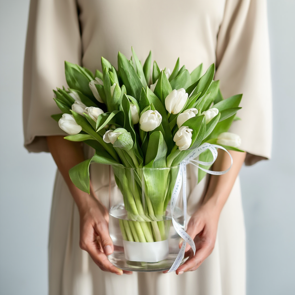 Person holding a clear vase with white tulips against a neutral background
