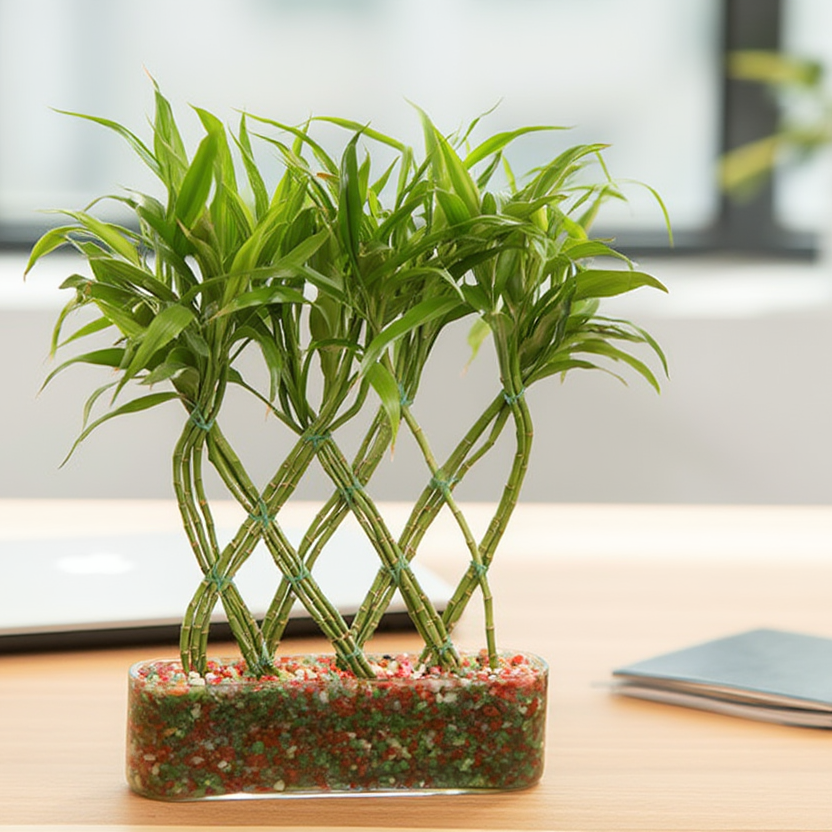 Braided Lucky Bamboo Plant in Glass Planter – Feng Shui Indoor Bamboo Arrangement for Home & Office Deco