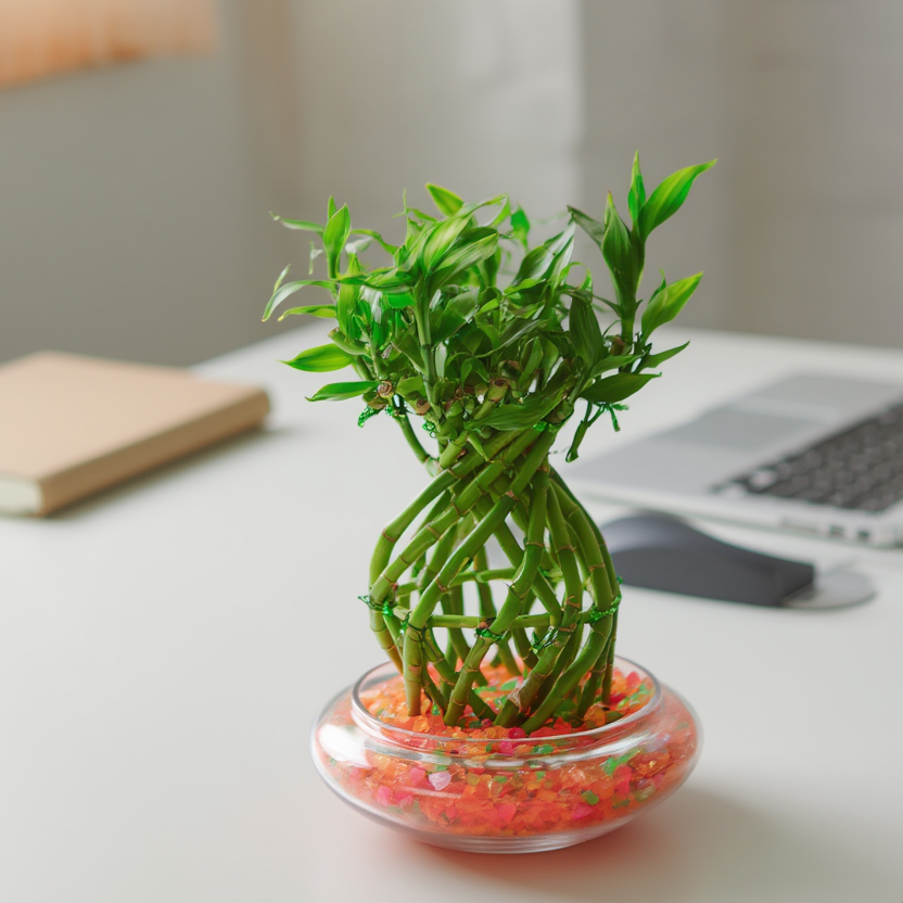 Spiral Lucky Bamboo Plant in Glass Bowl – Feng Shui Hydroponic Indoor Plant for Home &amp; Office Decor