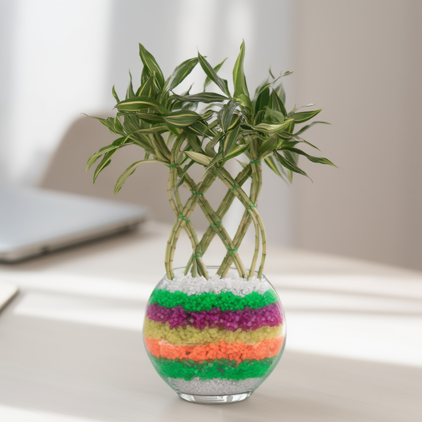 Braided Lucky Bamboo Plant in Glass Bowl with Color Pebbles – Feng Shui Indoor Bamboo Plant for Home &amp; Office Decor