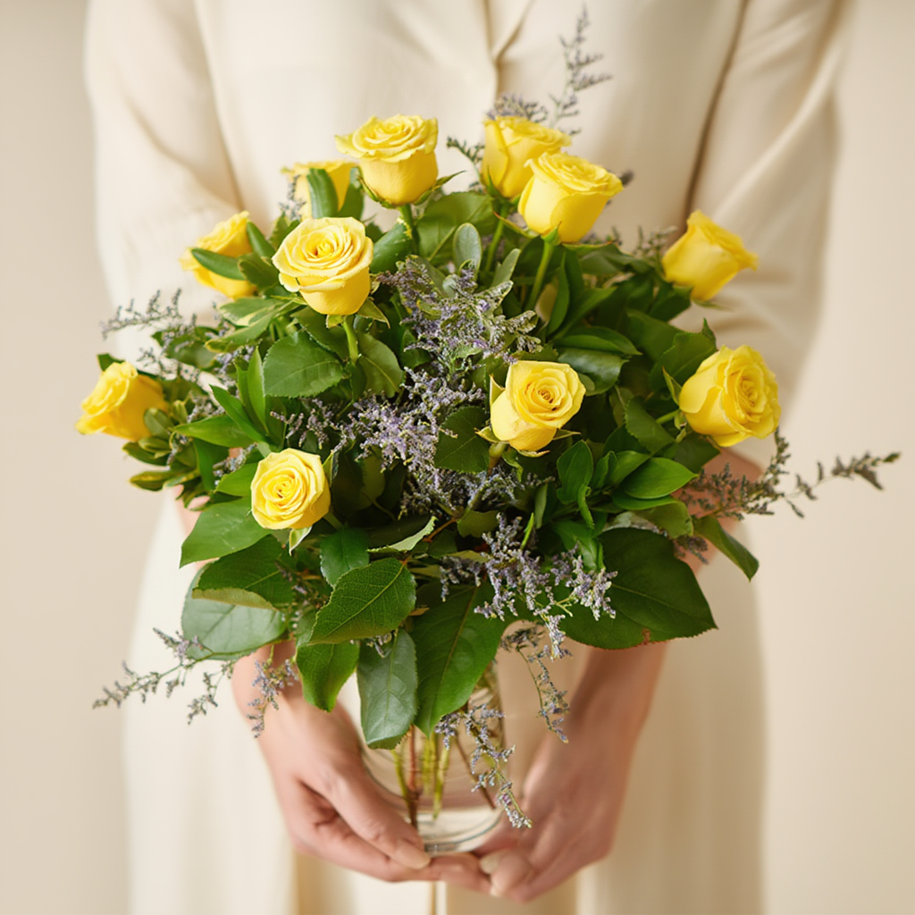 Bouquet of yellow roses held by a person wearing a beige outfit.