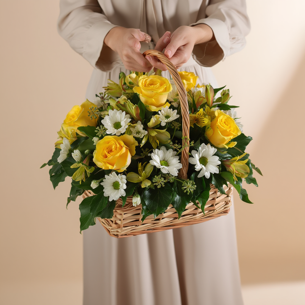Person holding a basket of yellow and white flowers against a beige background