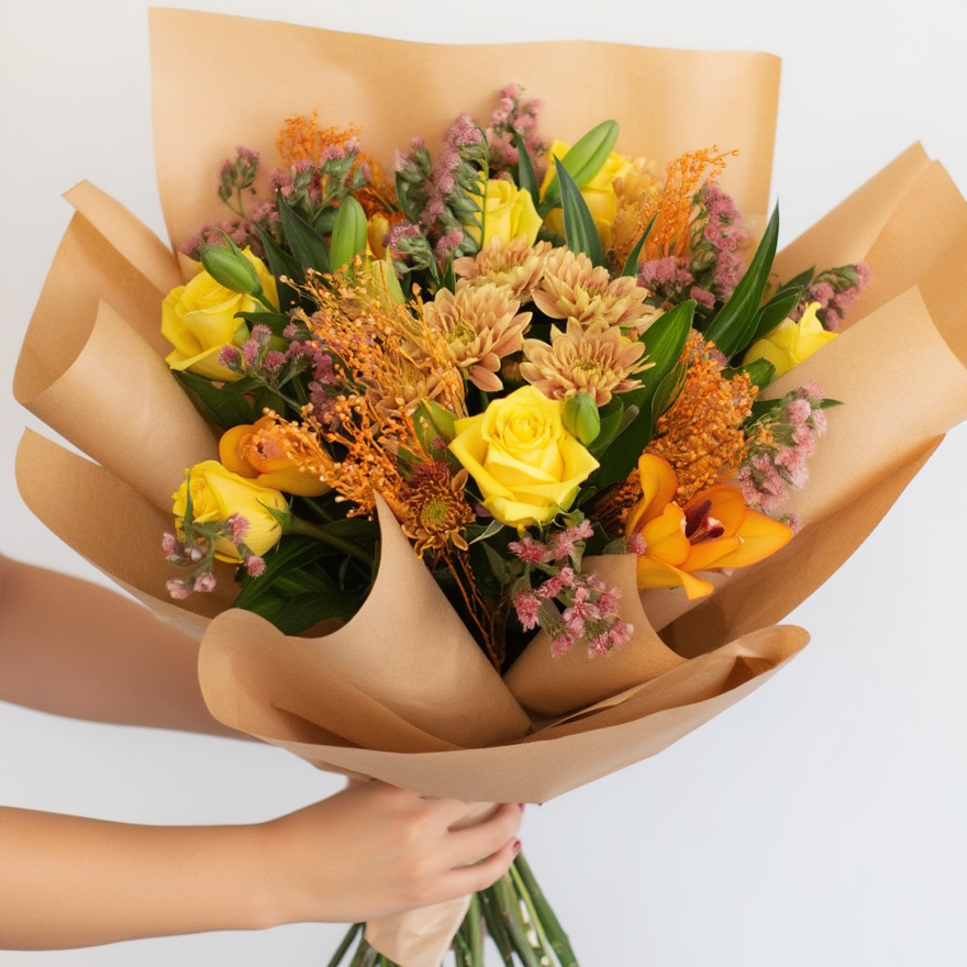 Bouquet of flowers wrapped in brown paper held by a person against a light background