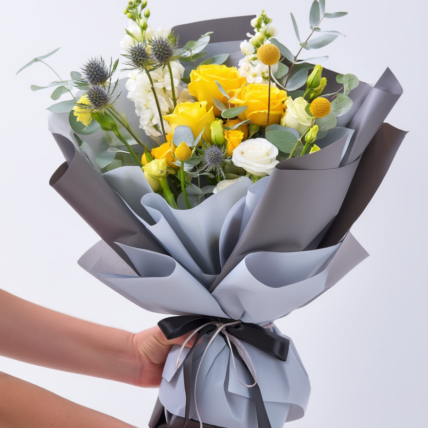 Bouquet of flowers wrapped in gray paper with a black ribbon, held by a person against a light background.