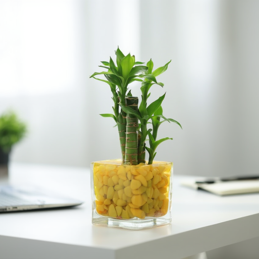 Lucky Bamboo Plant in Glass Planter with Yellow Pebbles – Hydroponic Feng Shui Indoor Plant for Home &amp; Office