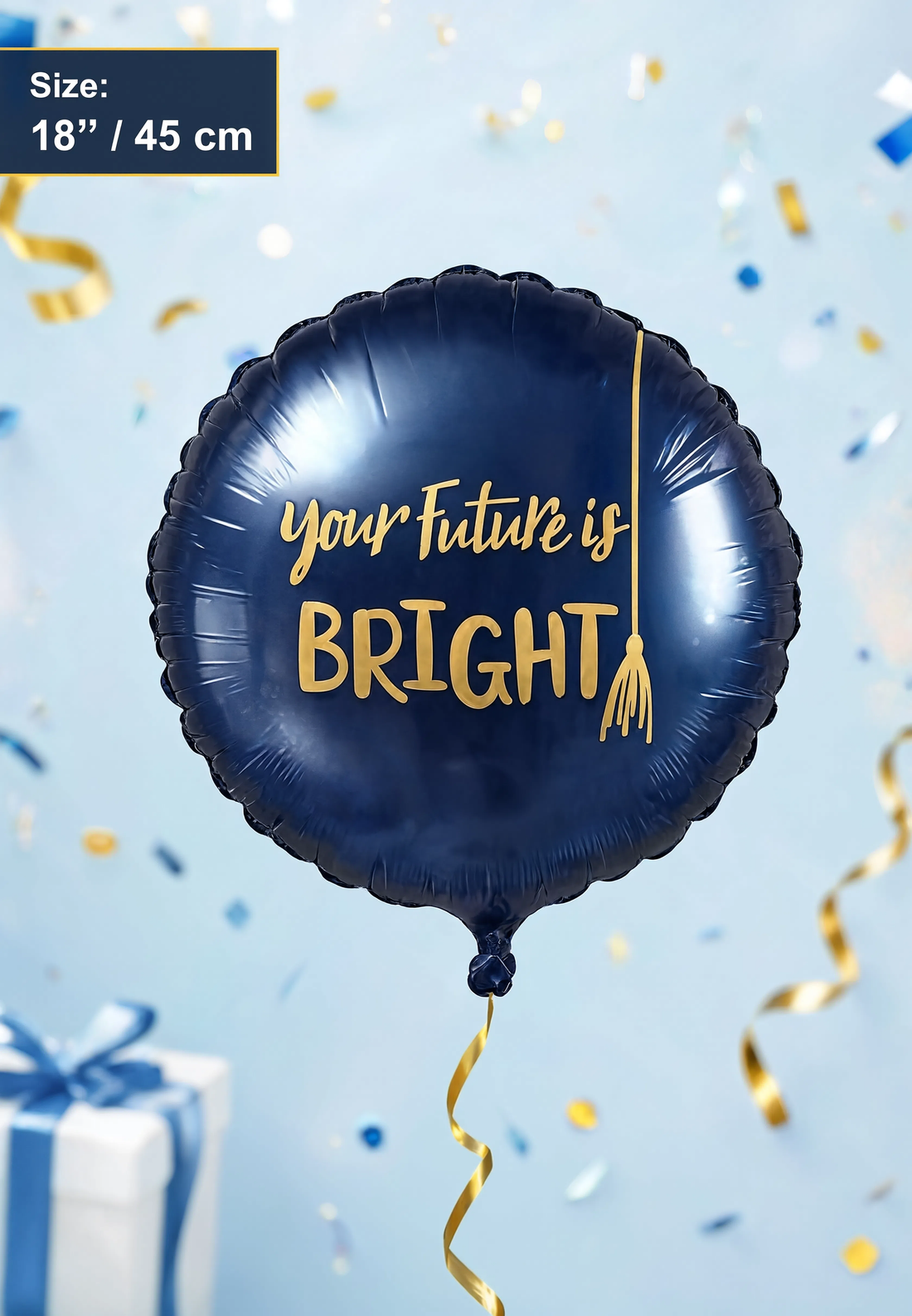 18-inch navy blue round graduation foil balloon featuring "Your Future Is Bright" gold lettering with graduation tassel design for graduation celebrations.