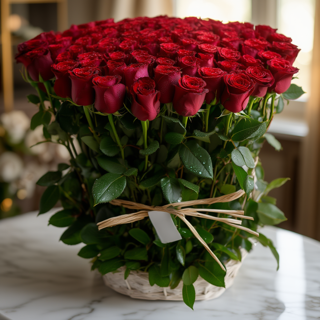 100 red roses basket